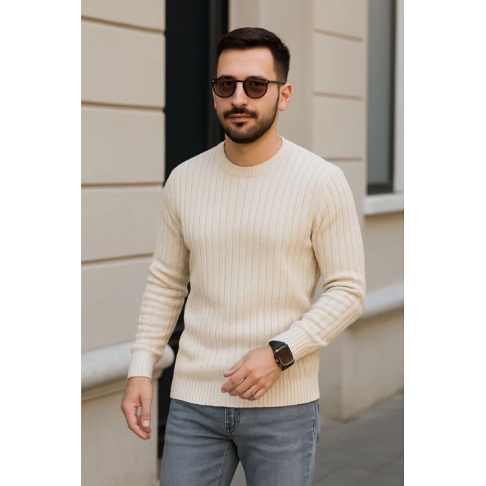 MARSiLYAN- Erkek Bisiklet Yuvarlak Yaka Triko Kazak Pamuklu Kalın Fitilli Dokuma, Regular Fit Uzun Kollu Kışlık Model - Bej