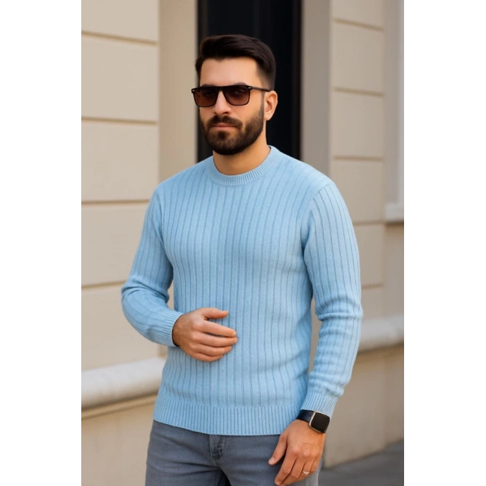 MARSiLYAN- Erkek Bisiklet Yuvarlak Yaka Triko Kazak Pamuklu Kalın Fitilli Dokuma, Regular Fit Uzun Kollu Kışlık Model - Bebe Mavisi