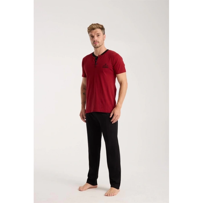 MARSiLYAN- Erkek Bordo Düğmeli Yaka Kısa Kol Pijama Takımı