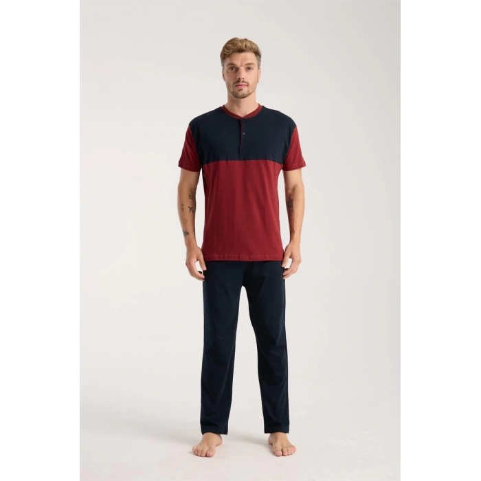 MARSiLYAN- Erkek Bordo Düğmeli Yaka Kısa Kol Pijama Takımı