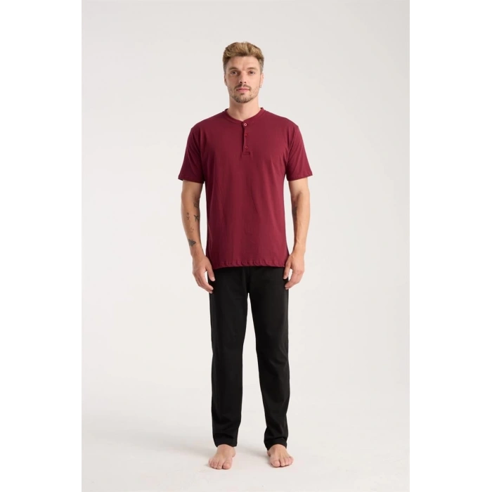 MARSiLYAN- Erkek Bordo Düğmeli Yaka Kısa Kol Pijama Takımı