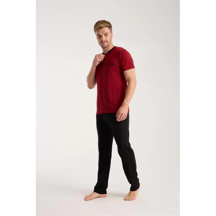 MARSiLYAN- Erkek Bordo Düğmeli Yaka Kısa Kol Pijama Takımı
