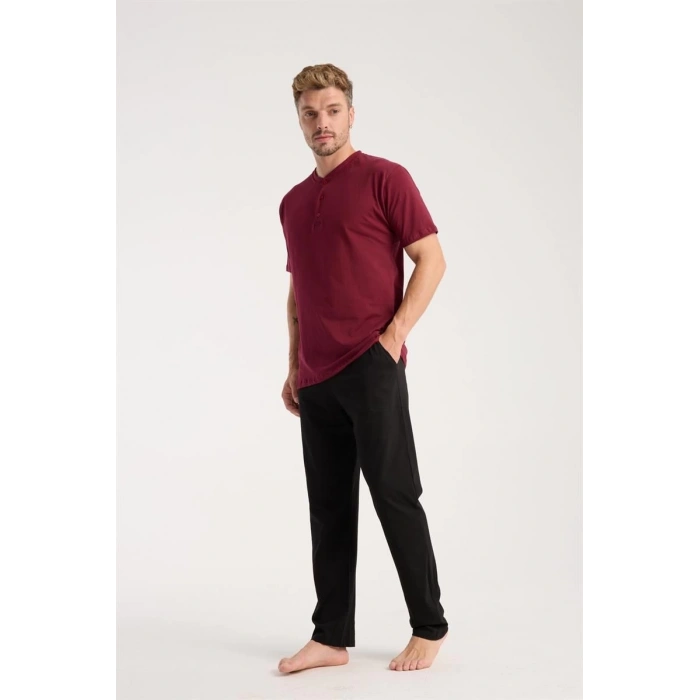 MARSiLYAN- Erkek Bordo Düğmeli Yaka Kısa Kol Pijama Takımı