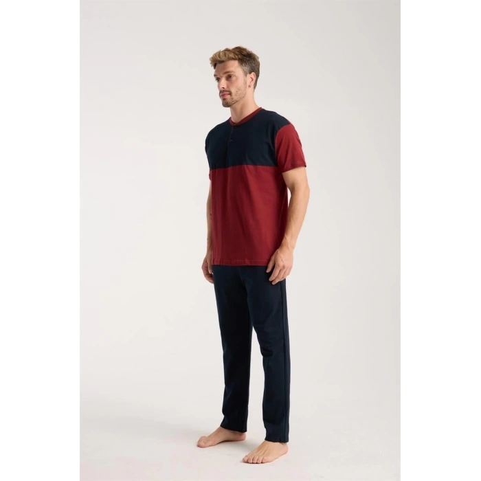 MARSiLYAN- Erkek Bordo Düğmeli Yaka Kısa Kol Pijama Takımı