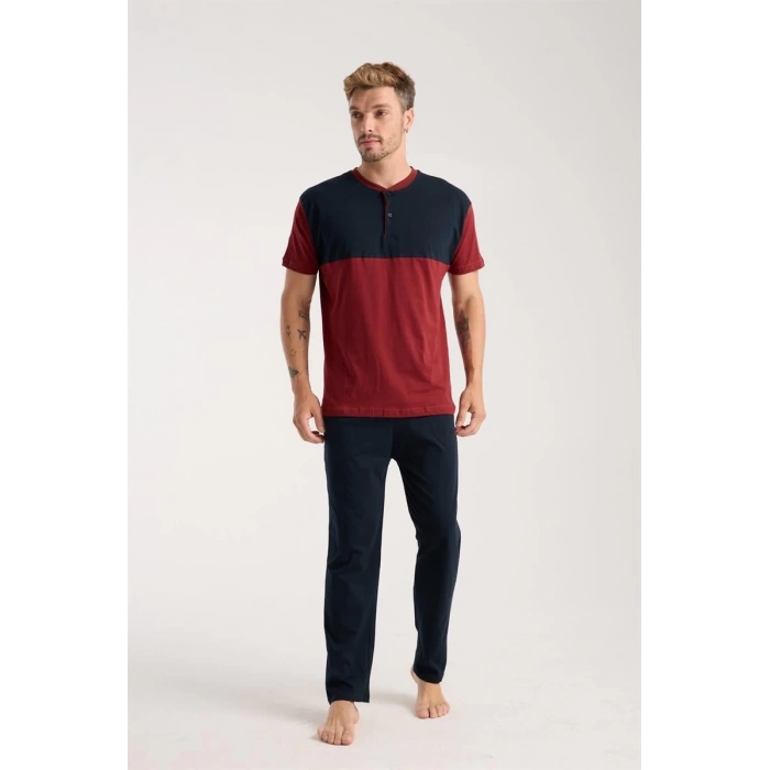 MARSiLYAN- Erkek Bordo Düğmeli Yaka Kısa Kol Pijama Takımı