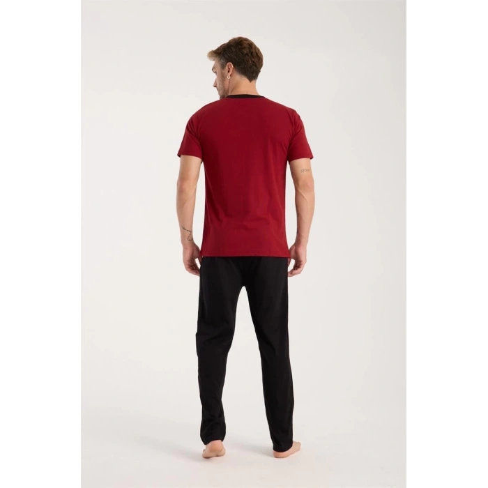 MARSiLYAN- Erkek Bordo Düğmeli Yaka Kısa Kol Pijama Takımı
