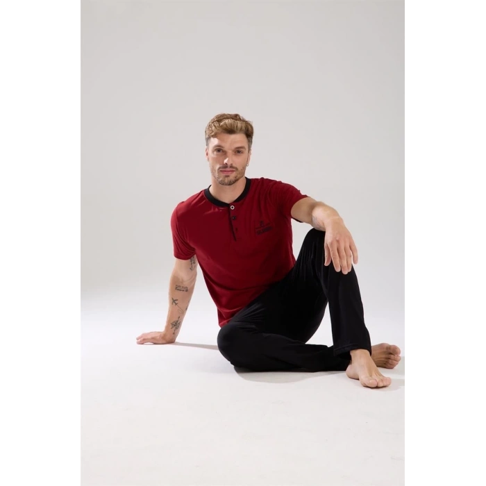 MARSiLYAN- Erkek Bordo Düğmeli Yaka Kısa Kol Pijama Takımı