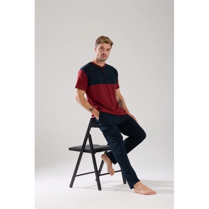 MARSiLYAN- Erkek Bordo Düğmeli Yaka Kısa Kol Pijama Takımı