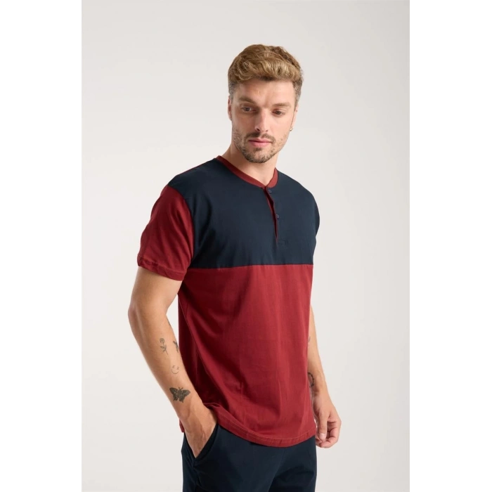 MARSiLYAN- Erkek Bordo Düğmeli Yaka Kısa Kol Pijama Takımı