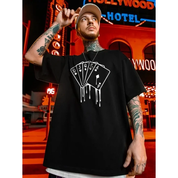 MARSiLYAN- Erkek Büyük Beden Kart Baskılı Düz Renk Kısa Kollu Bisiklet Yaka Tişört Gündelik Giyim