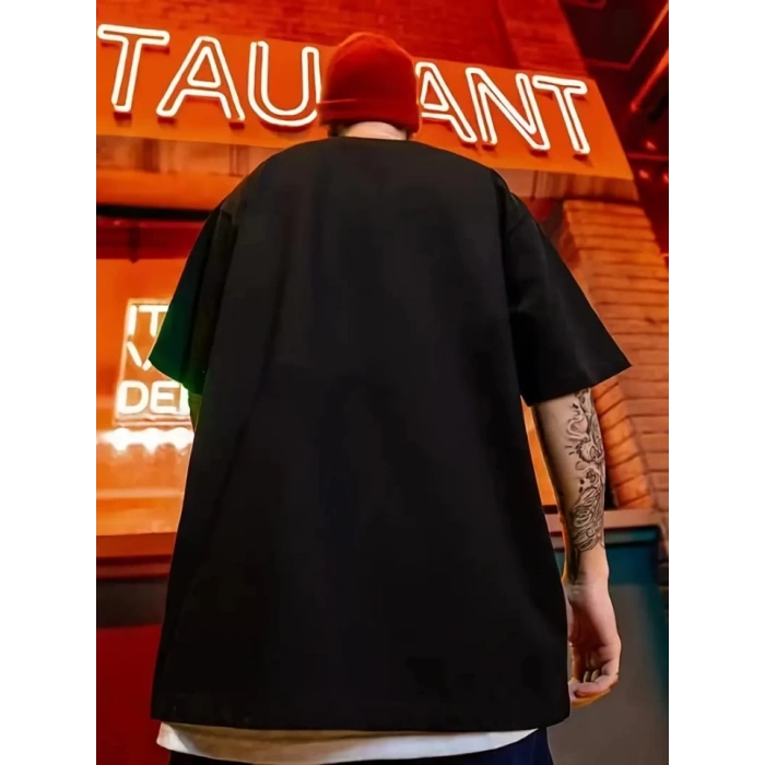 MARSiLYAN- Erkek Büyük Beden Kart Baskılı Düz Renk Kısa Kollu Bisiklet Yaka Tişört Gündelik Giyim