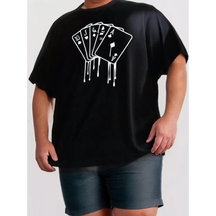 MARSiLYAN- Erkek Büyük Beden Kart Baskılı Düz Renk Kısa Kollu Bisiklet Yaka Tişört Gündelik Giyim