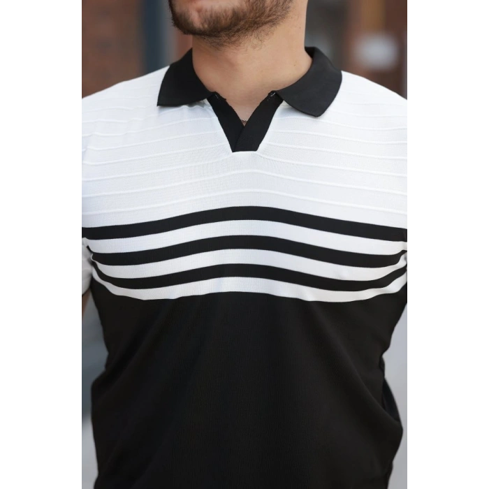 MARSiLYAN- Erkek çizgi Desenli Yakalı Kısa Kollu T-shirt