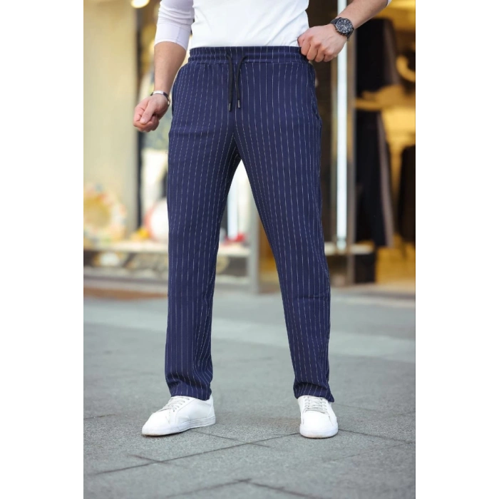 MARSiLYAN- Erkek Cizgili Dokuma Krep Jogger Buggy Pantalon Rahat Kalıp - Lacivert