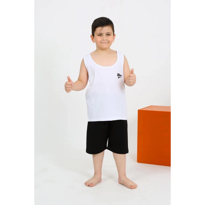 MARSiLYAN- Erkek Çocuk Sıfır Kol Şortlu Beyaz Penye Pijama Takımı