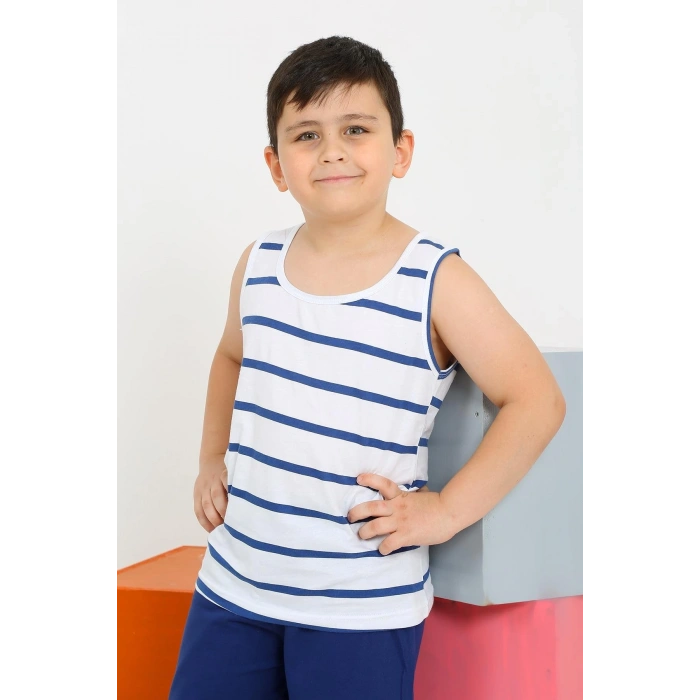 MARSiLYAN- Erkek Çocuk Sıfır Kol Şortlu Beyaz Penye Pijama Takımı