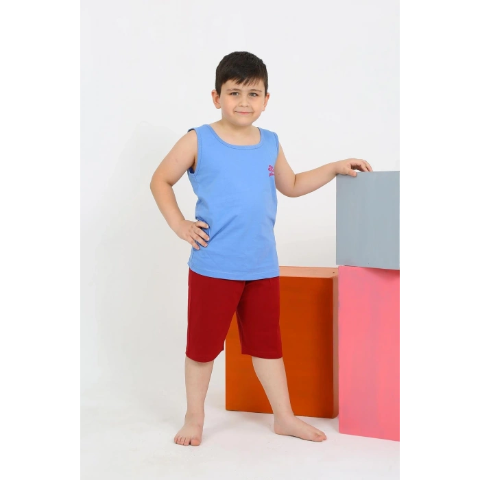 MARSiLYAN- Erkek Çocuk Sıfır Kol Şortlu Mavi Penye Pijama Takımı