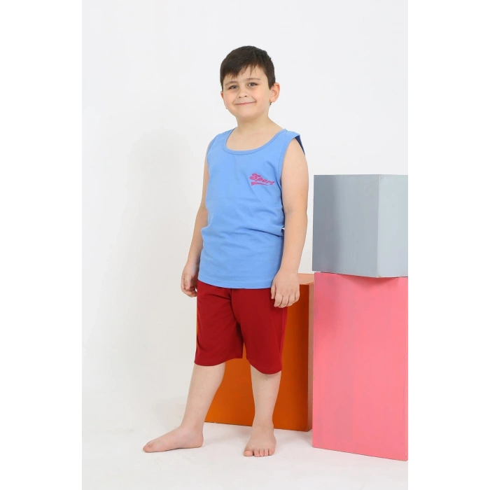 MARSiLYAN- Erkek Çocuk Sıfır Kol Şortlu Mavi Penye Pijama Takımı