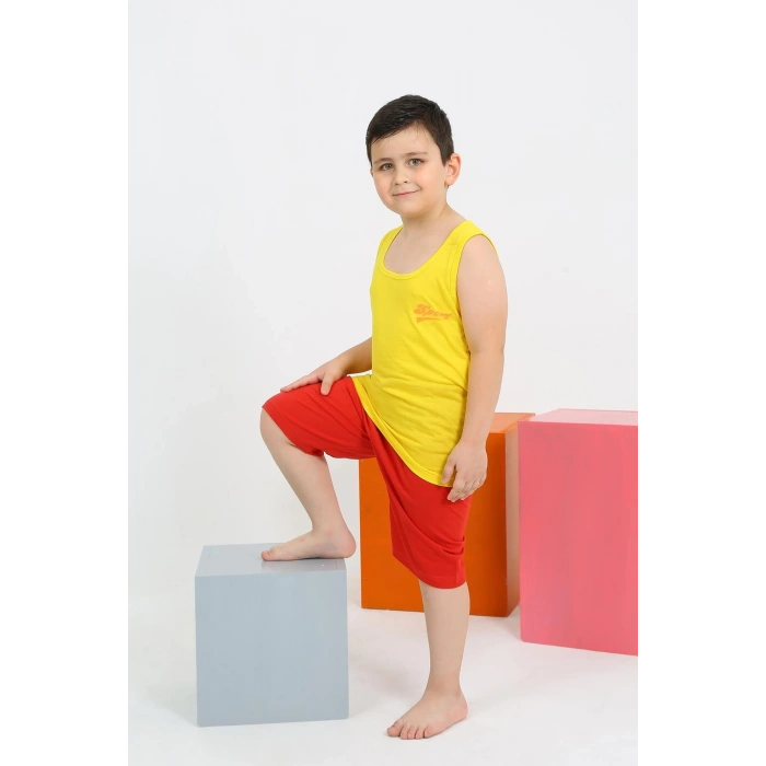 MARSiLYAN- Erkek Çocuk Sıfır Kol Şortlu Sarı Penye Pijama Takımı