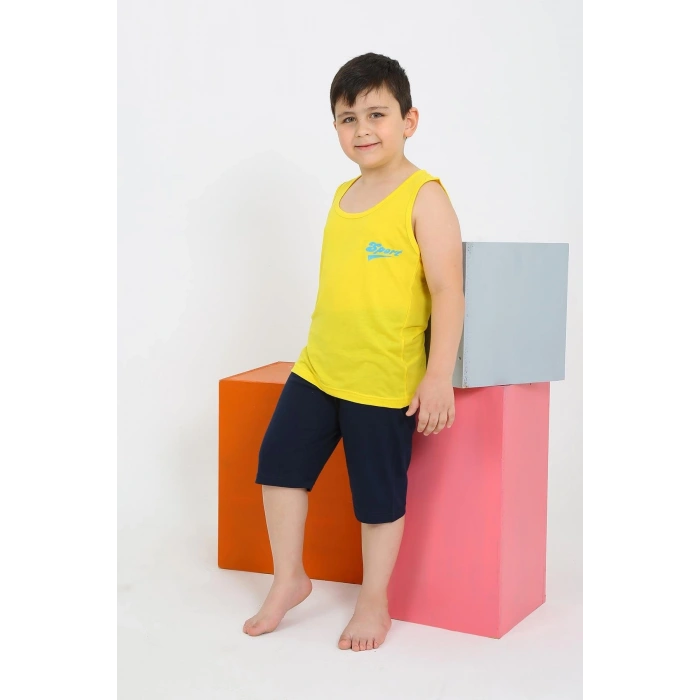 MARSiLYAN- Erkek Çocuk Sıfır Kol Şortlu Sarı Penye Pijama Takımı