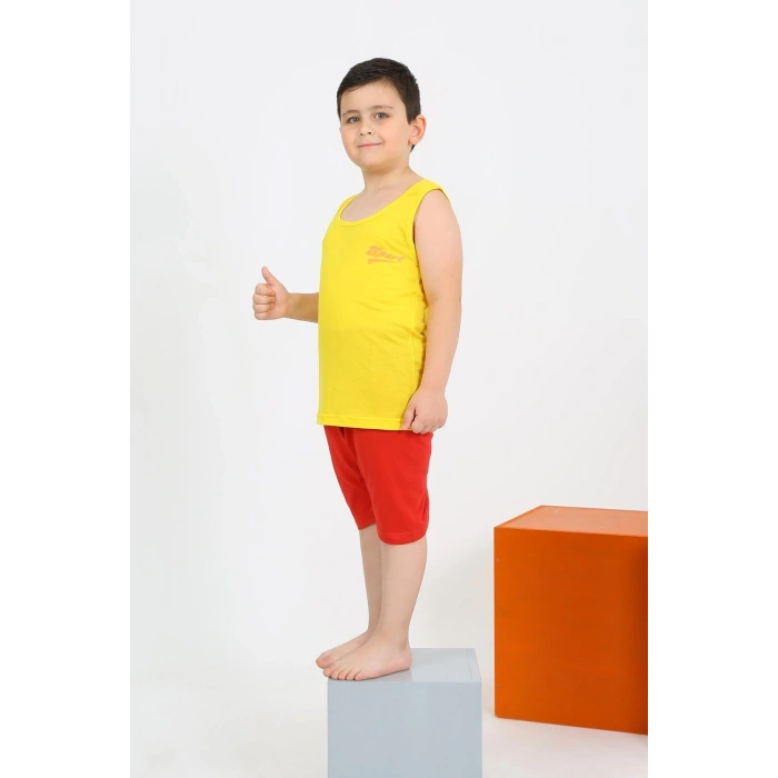 MARSiLYAN- Erkek Çocuk Sıfır Kol Şortlu Sarı Penye Pijama Takımı