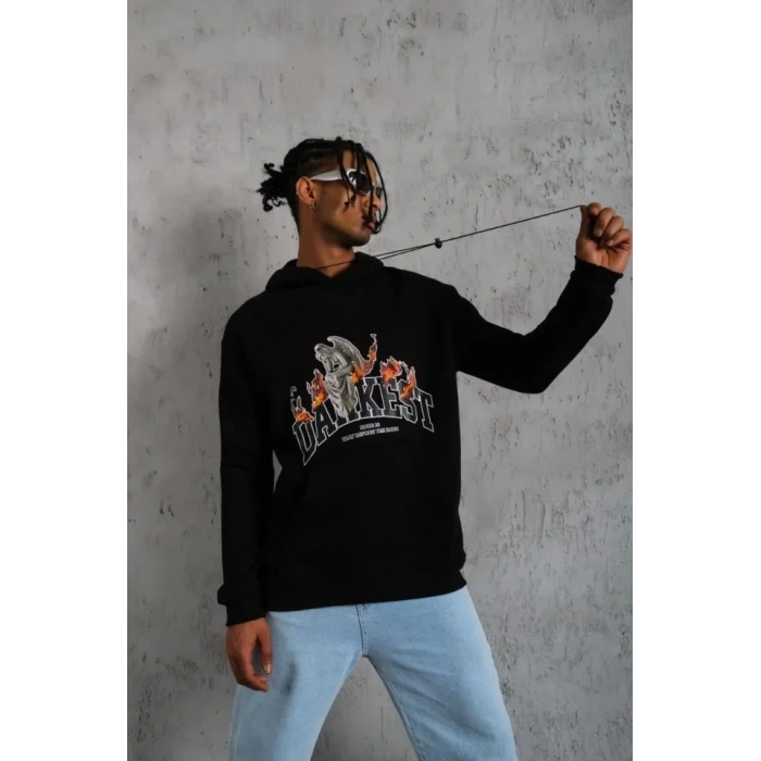 MARSiLYAN- Erkek DANKES Baskılı Kapüşonlu Sweat - Siyah