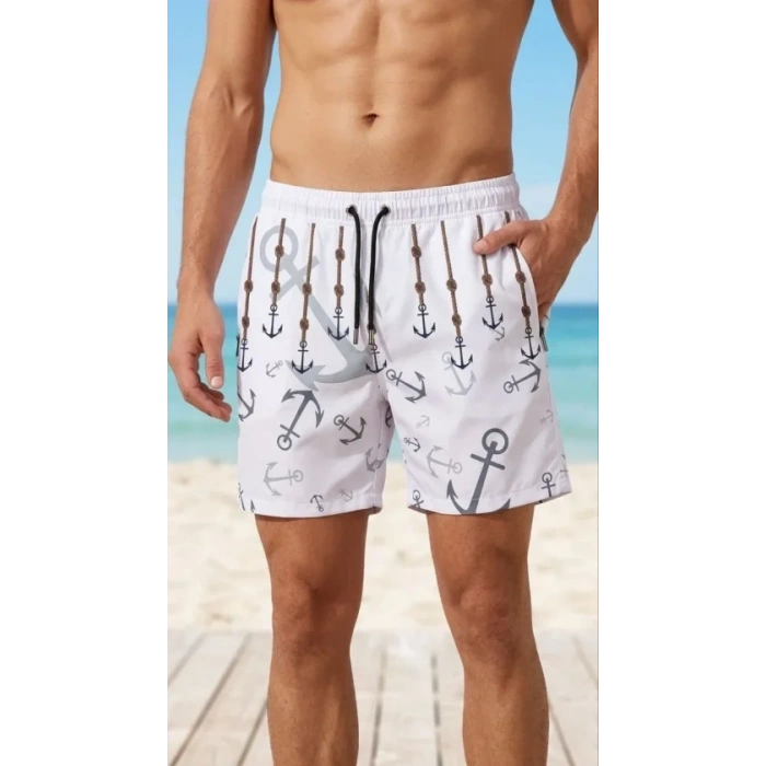 MARSiLYAN- Erkek Deniz Şortu Fermuarlı Cepli File Astarlı Hızlı Kuruyan Premium - Beyaz