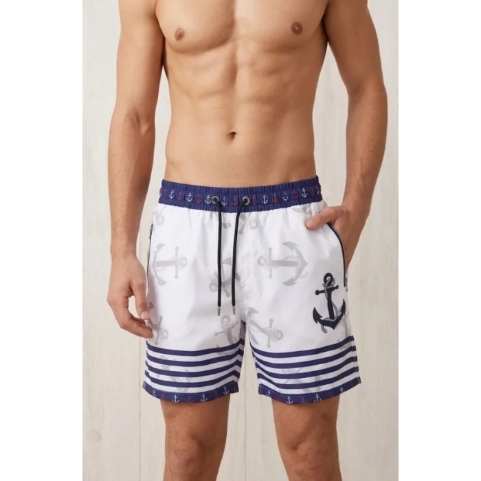MARSiLYAN- Erkek Deniz Şortu Fermuarlı Cepli File Astarlı Hızlı Kuruyan Premium - Beyaz