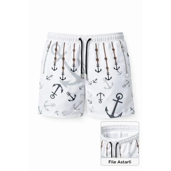 MARSiLYAN- Erkek Deniz Şortu Fermuarlı Cepli File Astarlı Hızlı Kuruyan Premium - Beyaz
