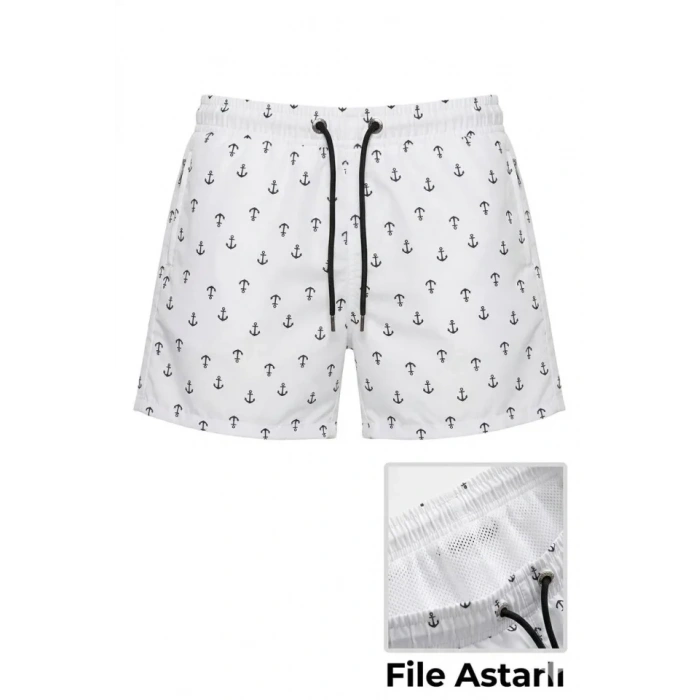 MARSiLYAN- Erkek Deniz Şortu Fermuarlı Cepli File Astarlı Hızlı Kuruyan Premium - Beyaz