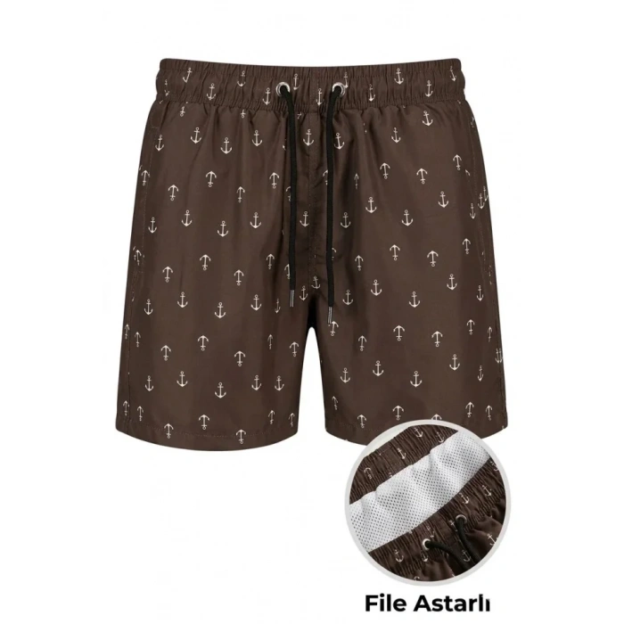 MARSiLYAN- Erkek Deniz Şortu Fermuarlı Cepli File Astarlı Hızlı Kuruyan Premium - Kahverengi