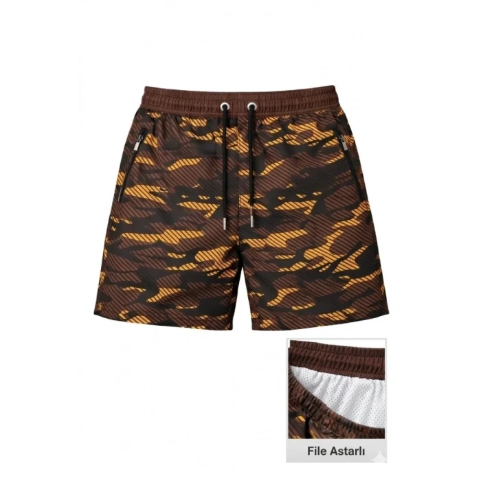 MARSiLYAN- Erkek Deniz Şortu Fermuarlı Cepli File Astarlı Hızlı Kuruyan Premium - Kahverengi