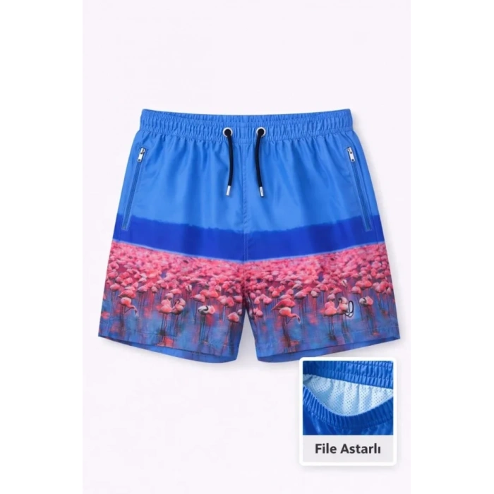 MARSiLYAN- Erkek Deniz Şortu Fermuarlı Cepli File Astarlı Hızlı Kuruyan Premium - Mavi