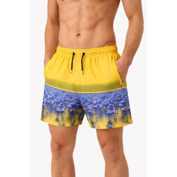 MARSiLYAN- Erkek Deniz Şortu Fermuarlı Cepli File Astarlı Hızlı Kuruyan Premium - Sarı