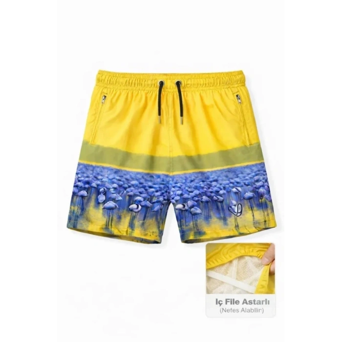 MARSiLYAN- Erkek Deniz Şortu Fermuarlı Cepli File Astarlı Hızlı Kuruyan Premium - Sarı