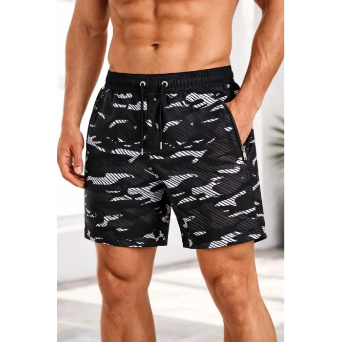 MARSiLYAN- Erkek Deniz Şortu Fermuarlı Cepli File Astarlı Hızlı Kuruyan Premium - Siyah