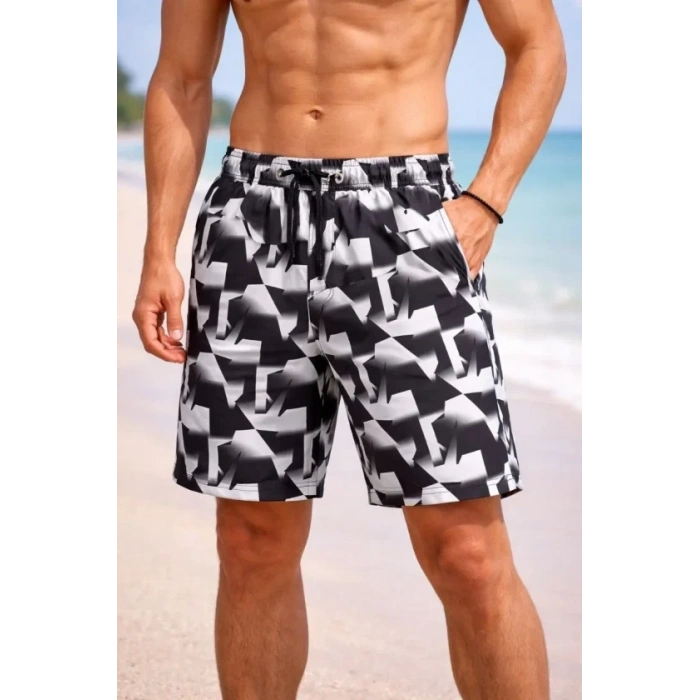 MARSiLYAN- Erkek Deniz Şortu Fermuarlı Cepli File Astarlı Hızlı Kuruyan Premium - Siyah