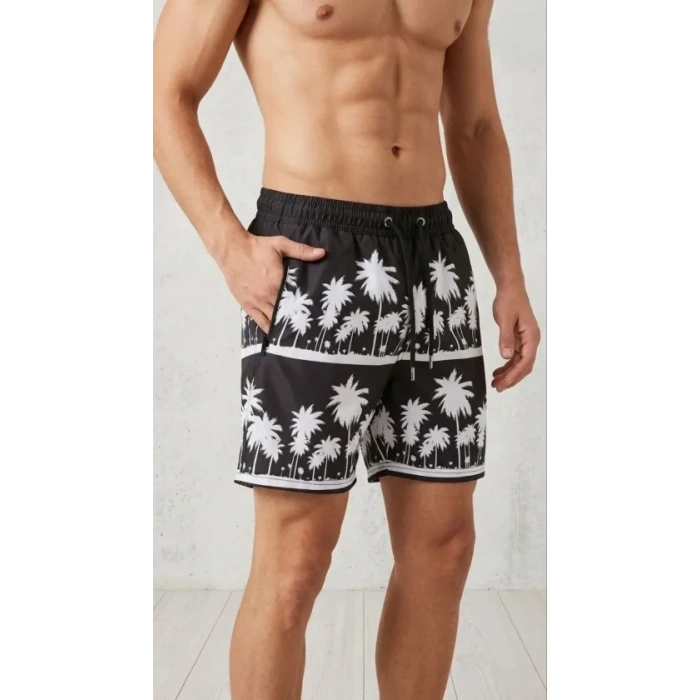 MARSiLYAN- Erkek Deniz Şortu Fermuarlı Cepli File Astarlı Hızlı Kuruyan Premium - Siyah