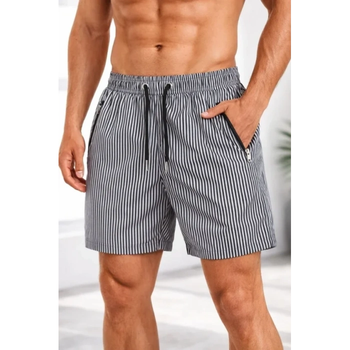 MARSiLYAN- Erkek Deniz Şortu Fermuarlı Cepli File Astarlı Hızlı Kuruyan Premium - Siyah