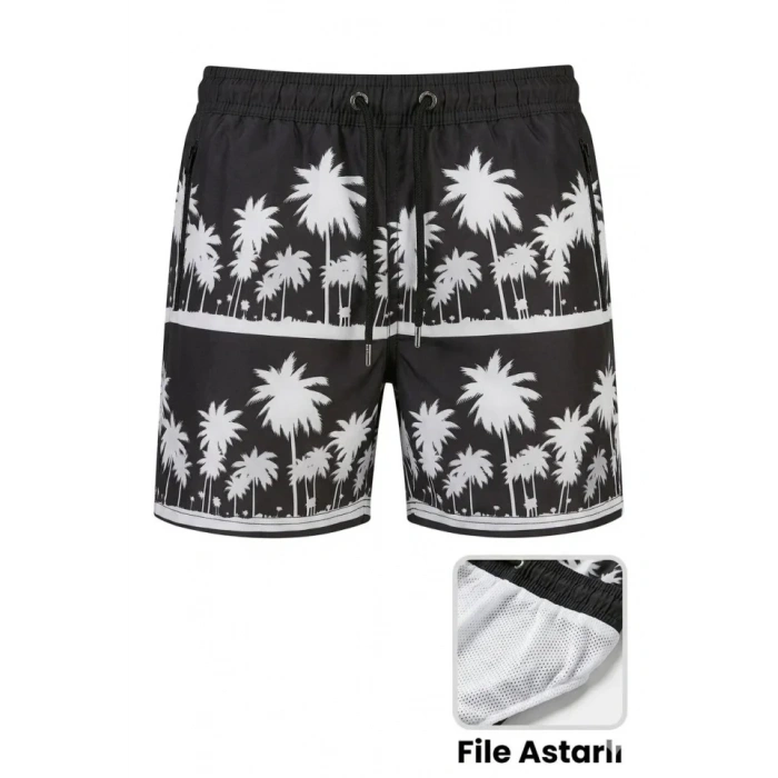 MARSiLYAN- Erkek Deniz Şortu Fermuarlı Cepli File Astarlı Hızlı Kuruyan Premium - Siyah