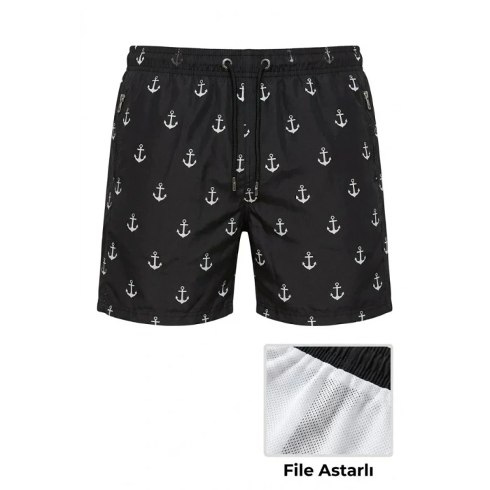 MARSiLYAN- Erkek Deniz Şortu Fermuarlı Cepli File Astarlı Hızlı Kuruyan Premium - Siyah