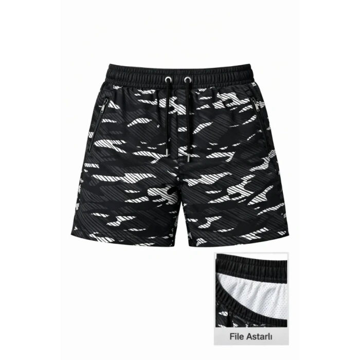 MARSiLYAN- Erkek Deniz Şortu Fermuarlı Cepli File Astarlı Hızlı Kuruyan Premium - Siyah