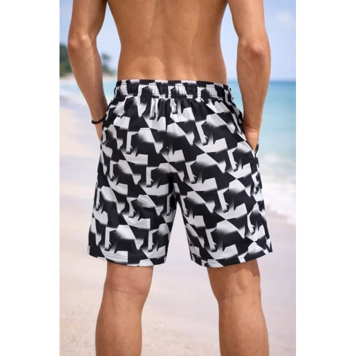 MARSiLYAN- Erkek Deniz Şortu Fermuarlı Cepli File Astarlı Hızlı Kuruyan Premium - Siyah