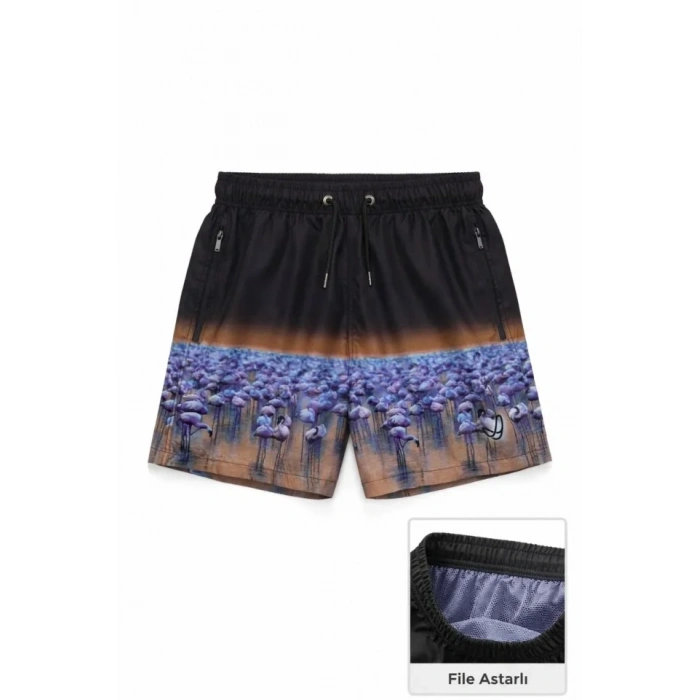 MARSiLYAN- Erkek Deniz Şortu Fermuarlı Cepli File Astarlı Hızlı Kuruyan Premium - Siyah