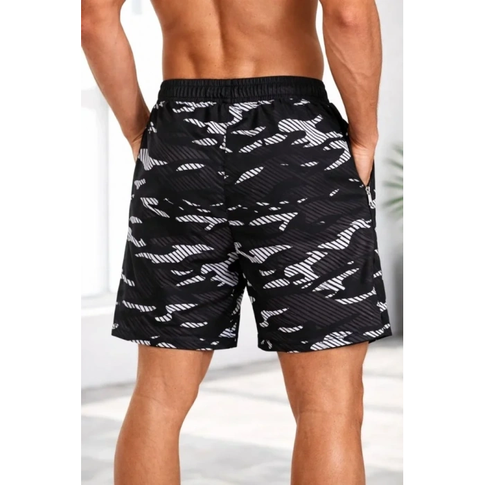 MARSiLYAN- Erkek Deniz Şortu Fermuarlı Cepli File Astarlı Hızlı Kuruyan Premium - Siyah