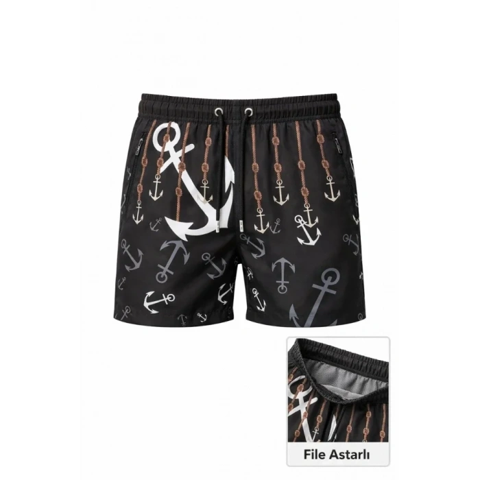 MARSiLYAN- Erkek Deniz Şortu Fermuarlı Cepli File Astarlı Hızlı Kuruyan Premium - Siyah