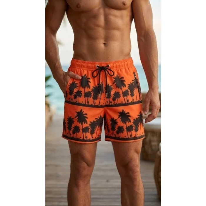 MARSiLYAN- Erkek Deniz Şortu Fermuarlı Cepli File Astarlı Hızlı Kuruyan Premium - Turuncu