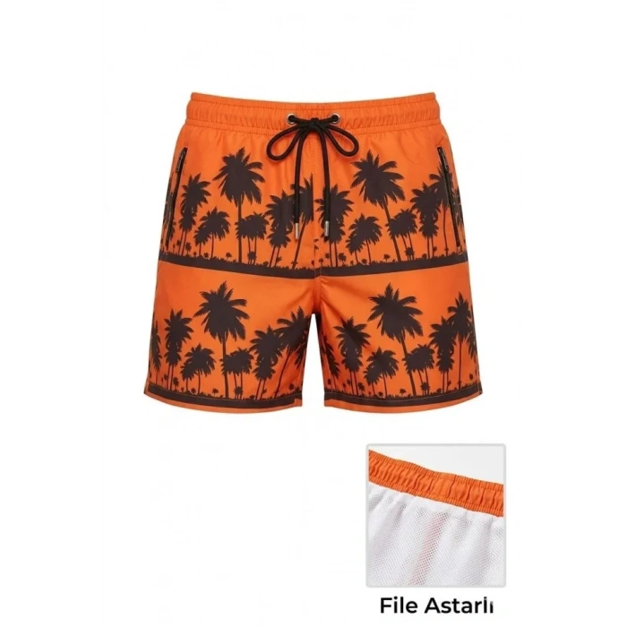 MARSiLYAN- Erkek Deniz Şortu Fermuarlı Cepli File Astarlı Hızlı Kuruyan Premium - Turuncu