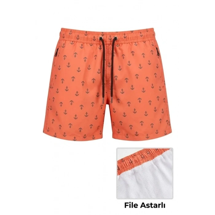 MARSiLYAN- Erkek Deniz Şortu Fermuarlı Cepli File Astarlı Hızlı Kuruyan Premium - Turuncu