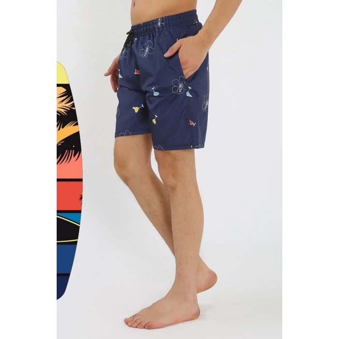 MARSiLYAN- Erkek Desenli Fermuar Cepli Deniz Şortu Lacivert